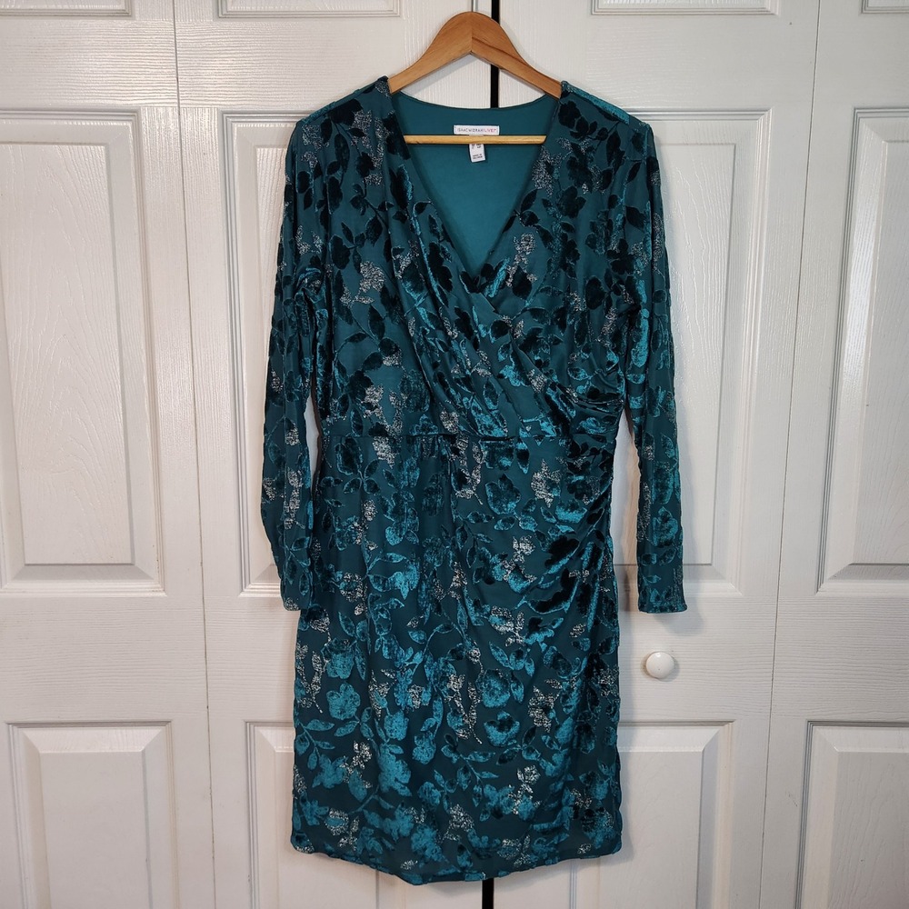 Isaac Mizrahi Live Green Velvet Burnout Floral Metallic Faux Wrap Dress SP Party